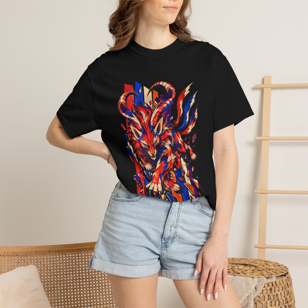 Static Chimera Tee worn Printify context view on a Black Comfort Colors 1717 tee