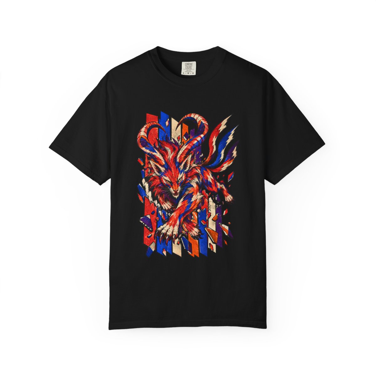 Static Chimera Tee large front print on a Black Comfort Colors 1717 tee