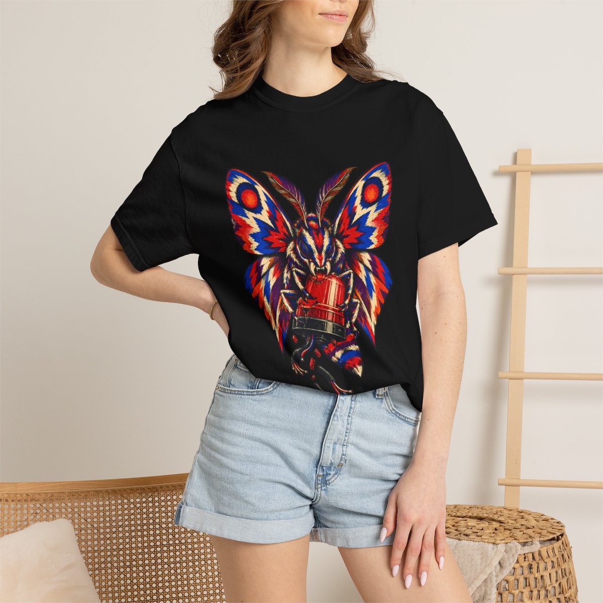 Warning Light Moth Tee worn Printify context view on a Black Comfort Colors 1717 tee