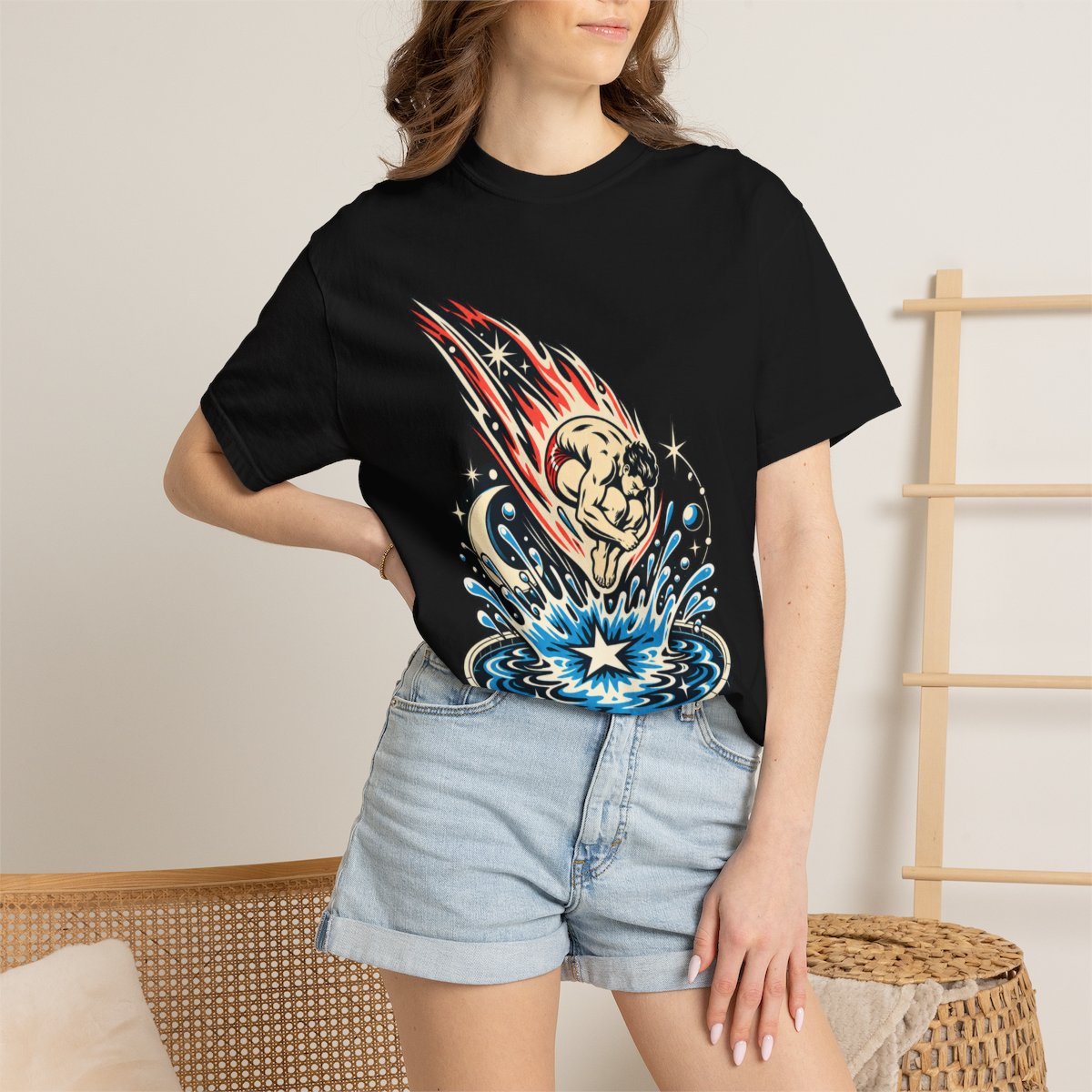 Comet Cannonball Tee worn Printify context view on a Black Comfort Colors 1717 tee