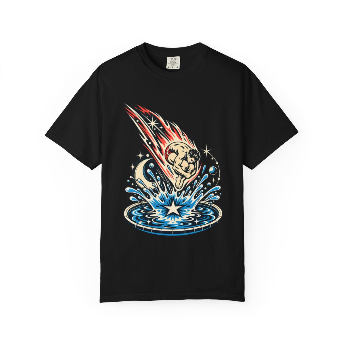 Comet Cannonball Tee large front print on a Black Comfort Colors 1717 tee