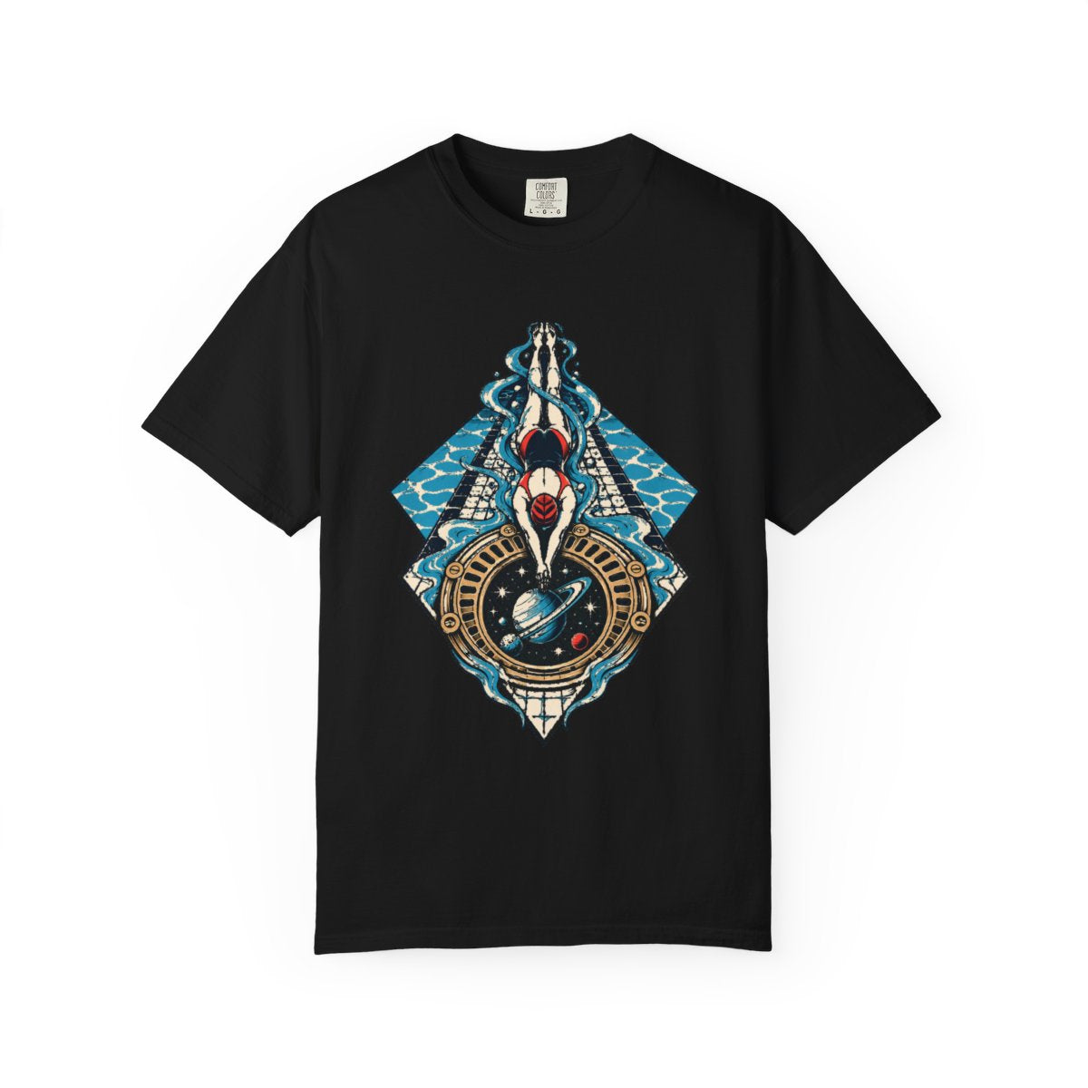 Deep End Portal Tee large front print on a Black Comfort Colors 1717 tee