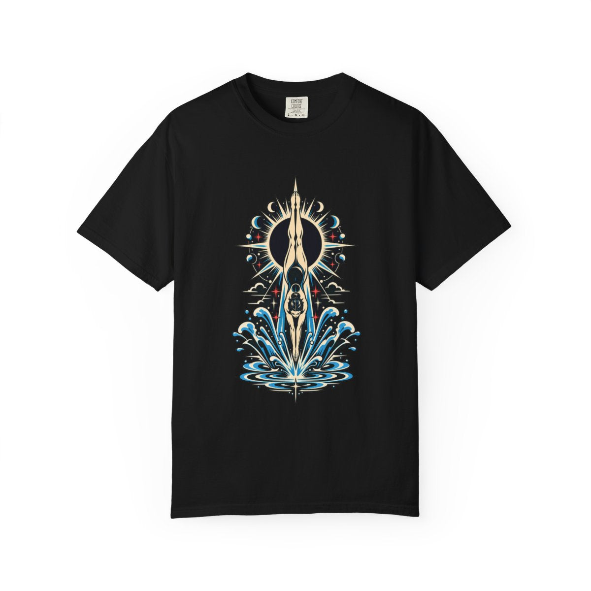 Eclipse High Dive Tee large front print on a Black Comfort Colors 1717 tee