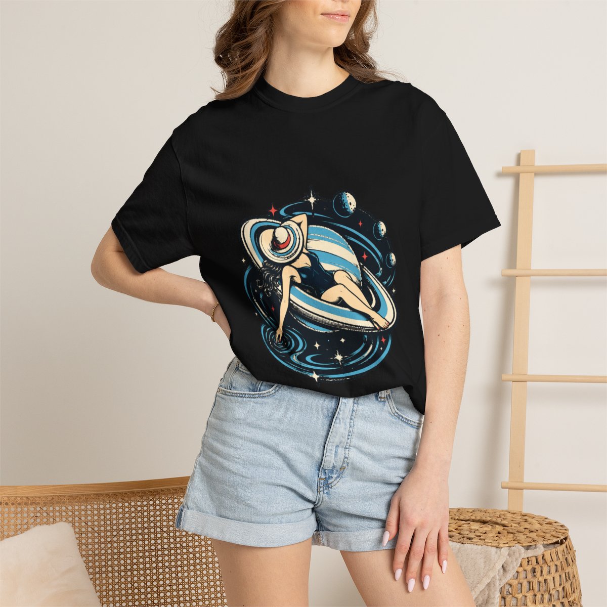 Saturn Float Tee worn Printify context view on a Black Comfort Colors 1717 tee