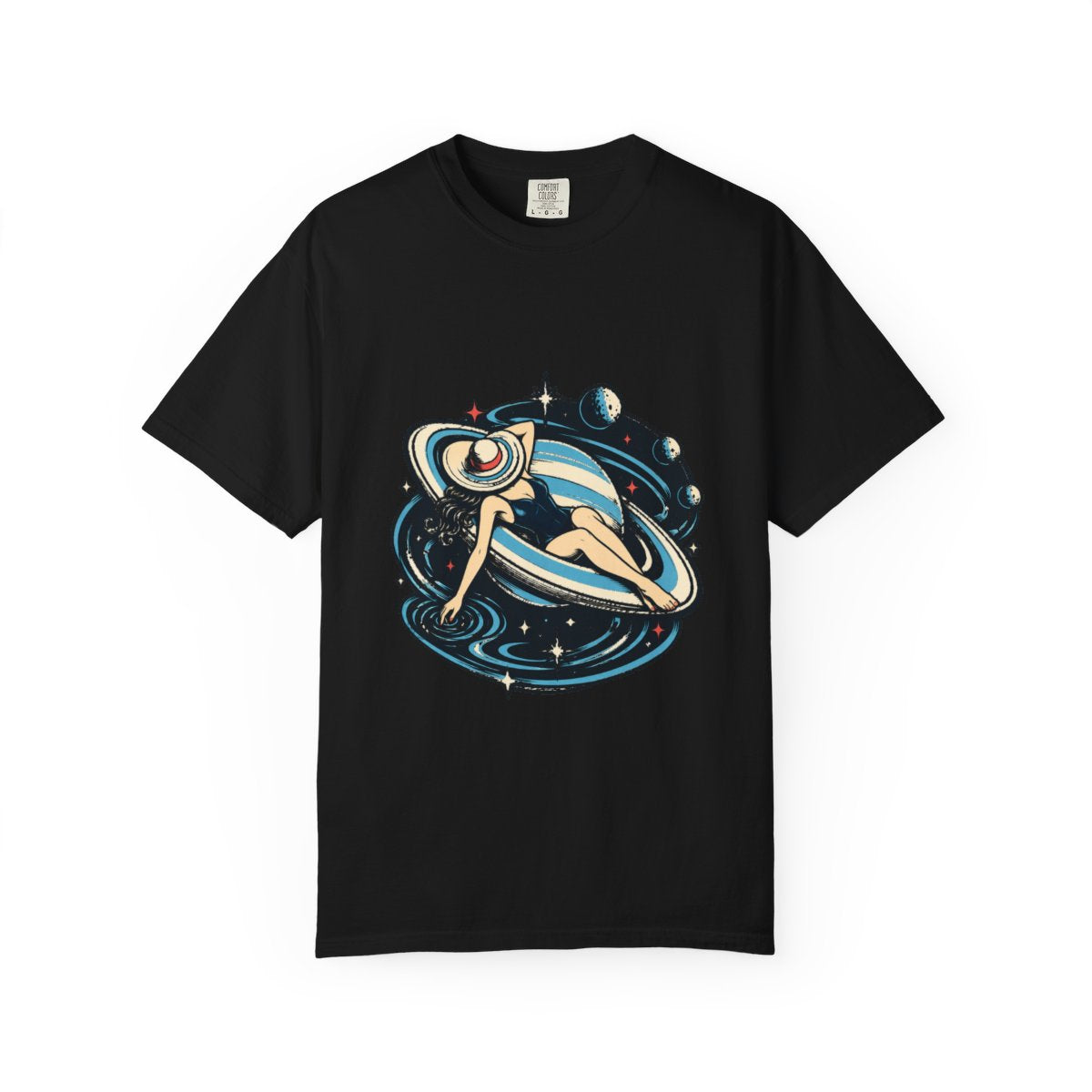 Saturn Float Tee large front print on a Black Comfort Colors 1717 tee
