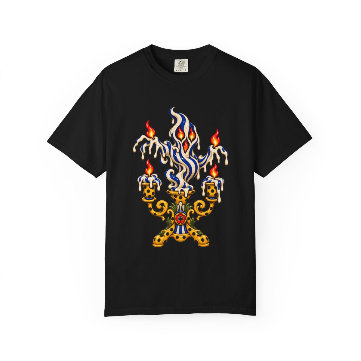Candle Phantom Tee large front print on a Black Comfort Colors 1717 tee