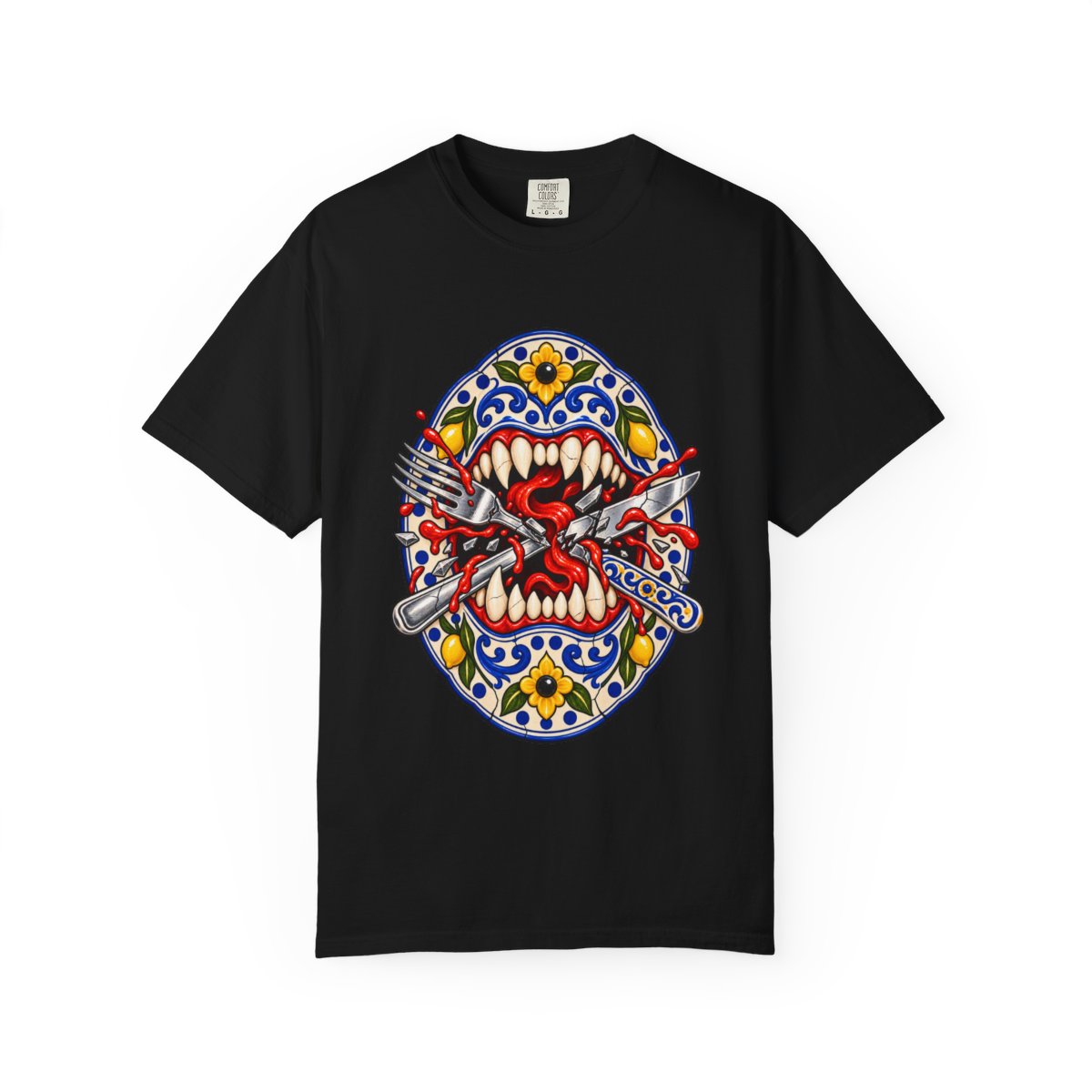 Dinner Maw Tee large front print on a Black Comfort Colors 1717 tee