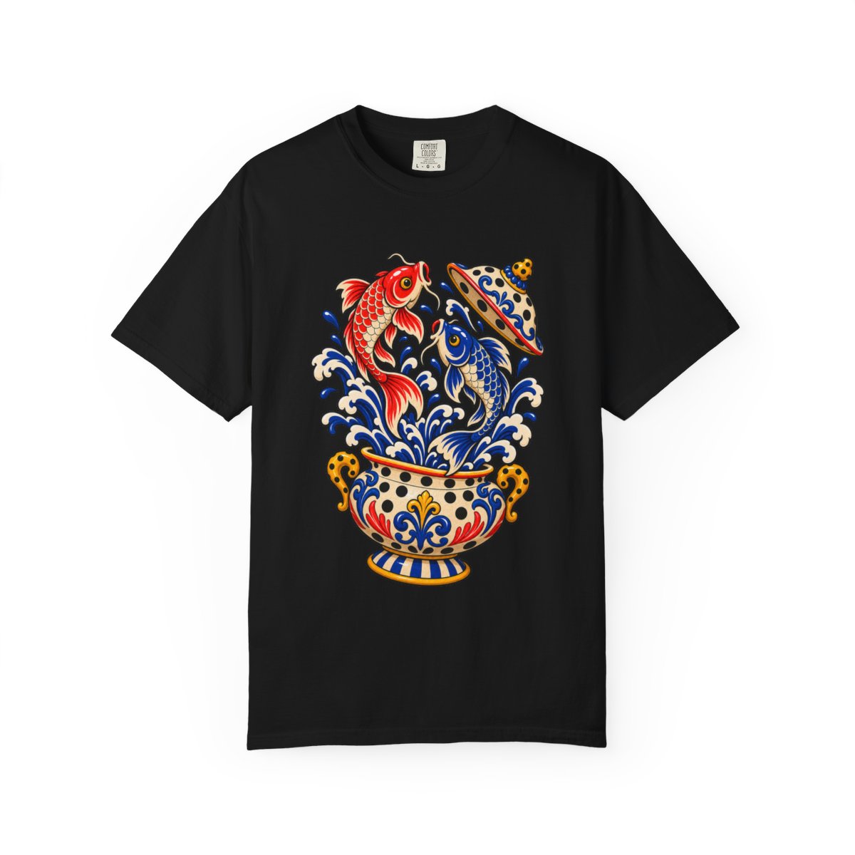 Koi Escape Tee large front print on a Black Comfort Colors 1717 tee