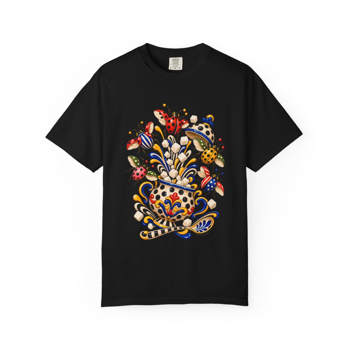 Sugar Swarm Tee large front print on a Black Comfort Colors 1717 tee