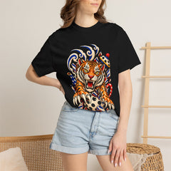 Tiger Teapot Tee worn Printify context view on a Black Comfort Colors 1717 tee