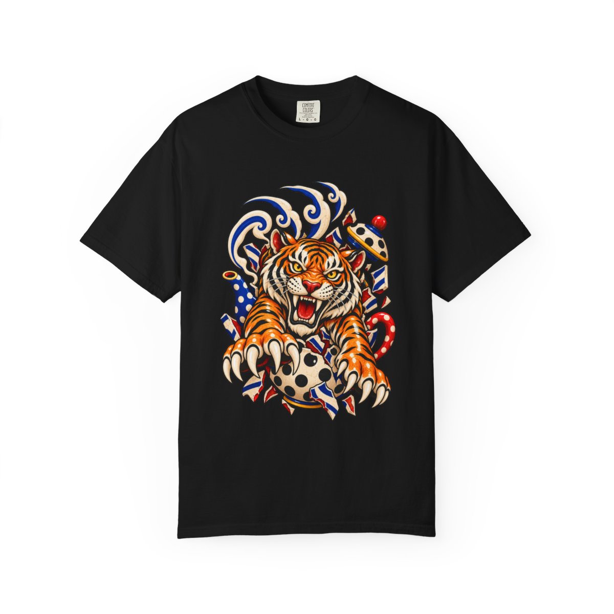Tiger Teapot Tee large front print on a Black Comfort Colors 1717 tee