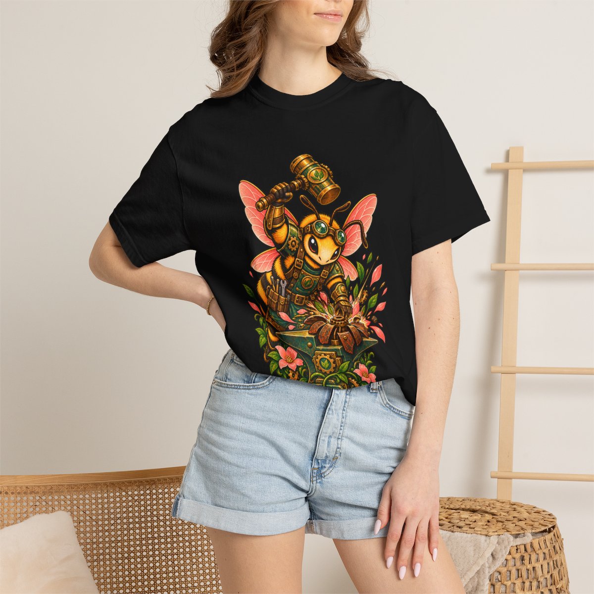 Bloomforge Bee Tee worn Printify context view on a Black Comfort Colors 1717 tee