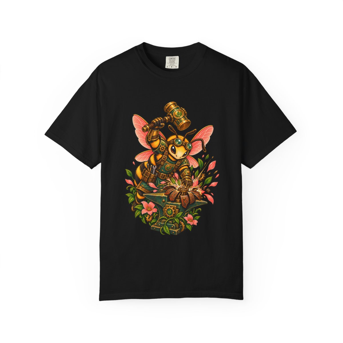 Bloomforge Bee Tee large front print on a Black Comfort Colors 1717 tee
