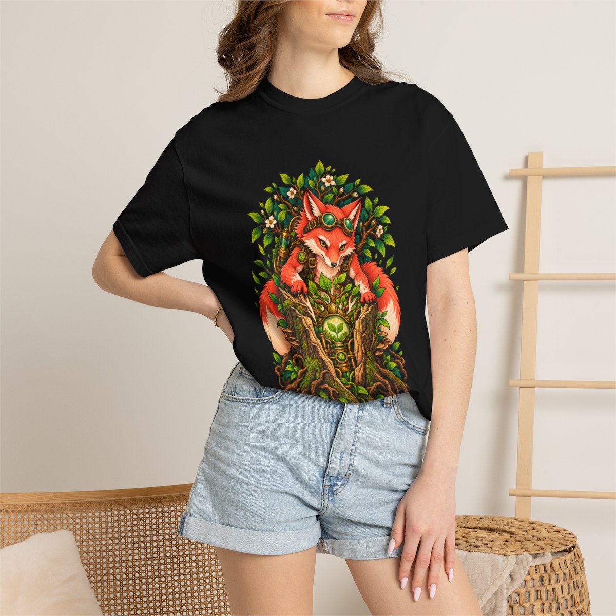 Forestheart Fox Tee worn Printify context view on a Black Comfort Colors 1717 tee