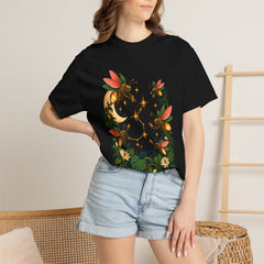 Nightgrid Fireflies Tee worn Printify context view on a Black Comfort Colors 1717 tee