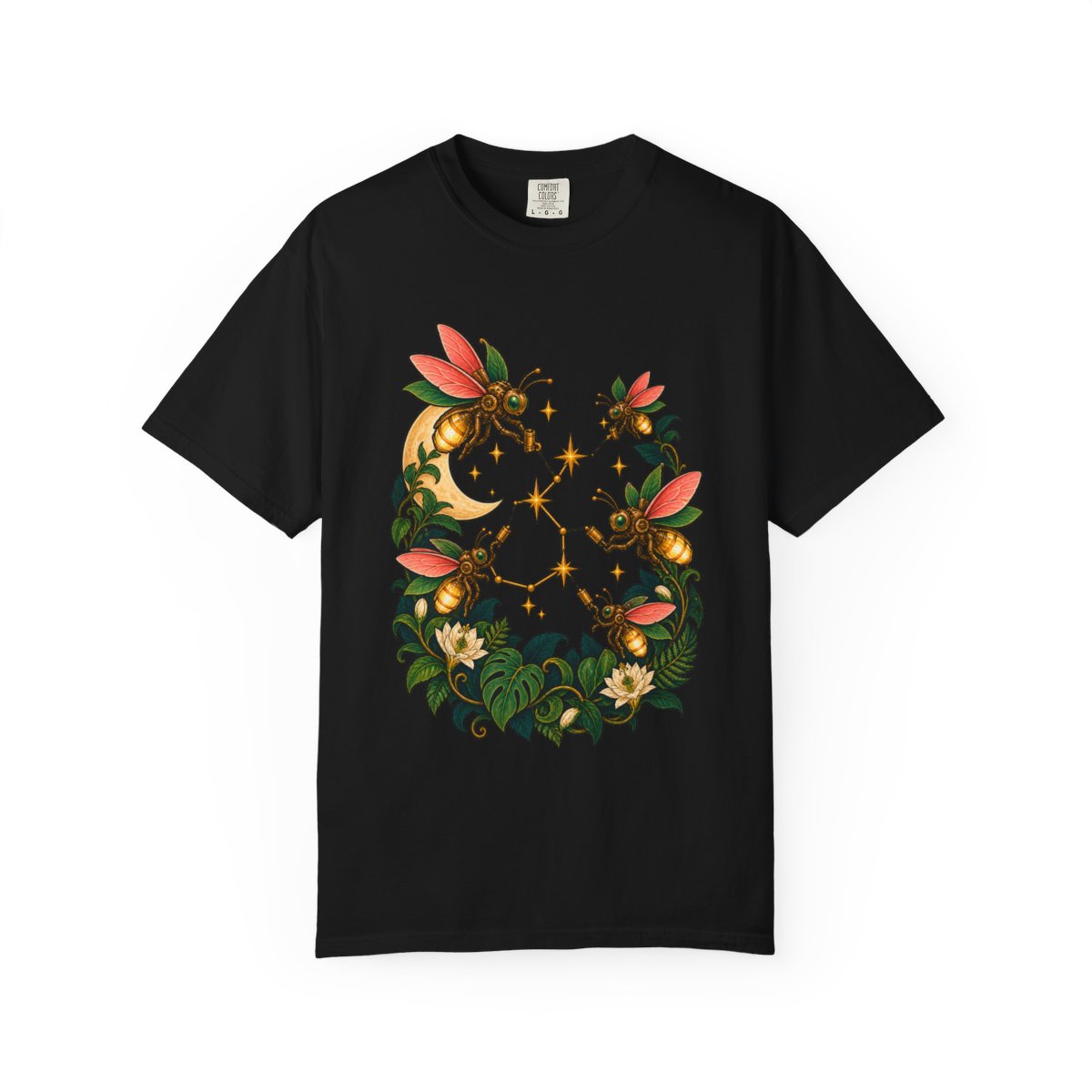 Nightgrid Fireflies Tee large front print on a Black Comfort Colors 1717 tee