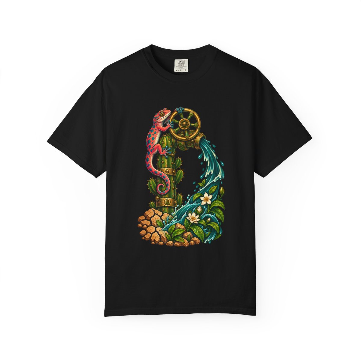 Rainvalve Gecko Tee large front print on a Black Comfort Colors 1717 tee
