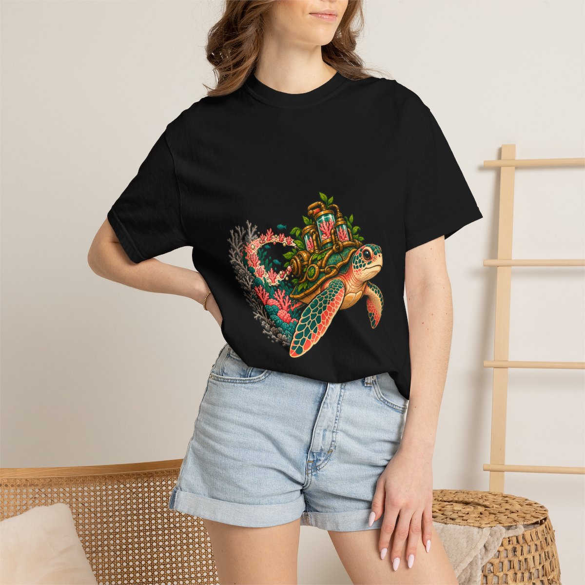 Reefmaker Turtle Tee worn Printify context view on a Black Comfort Colors 1717 tee