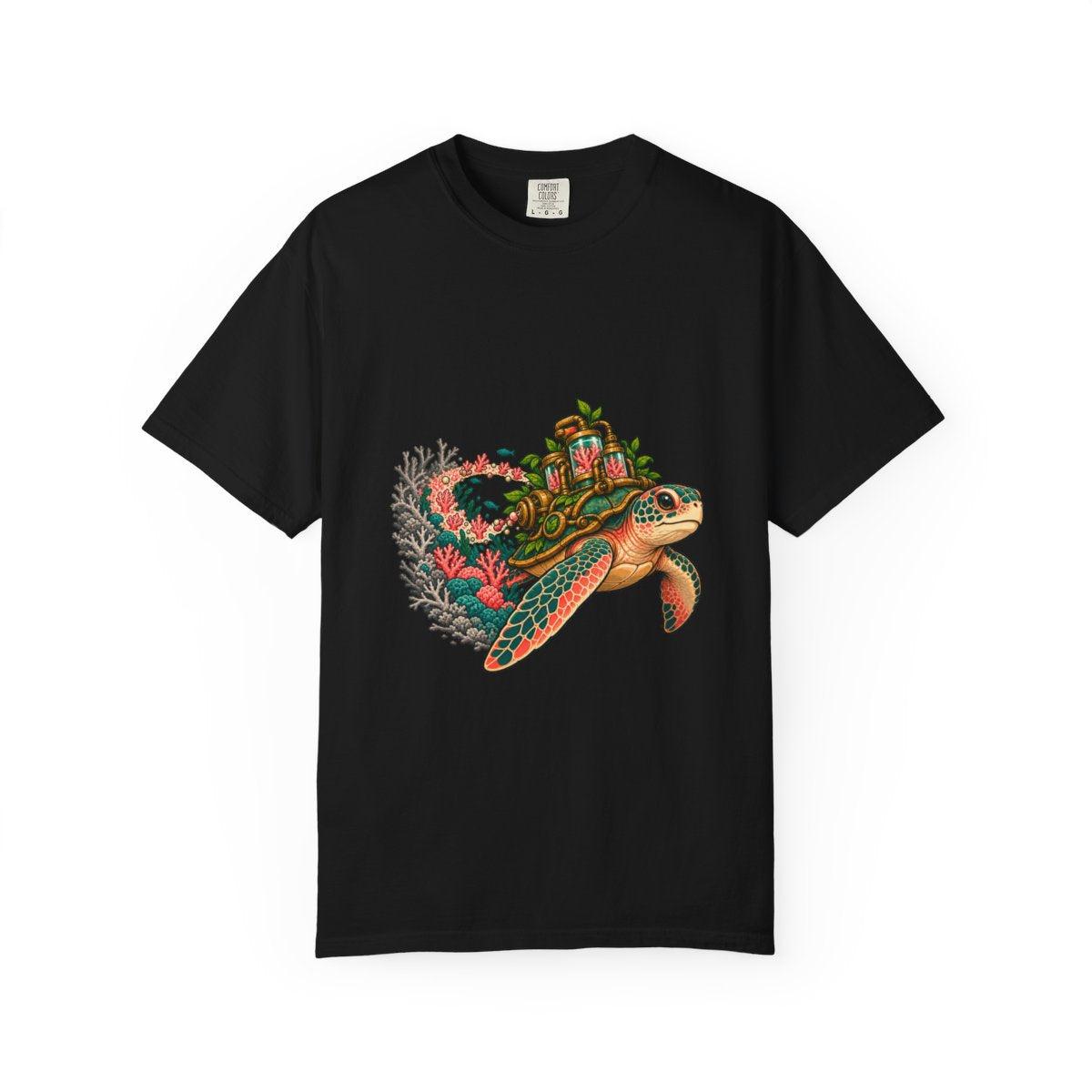 Reefmaker Turtle Tee large front print on a Black Comfort Colors 1717 tee