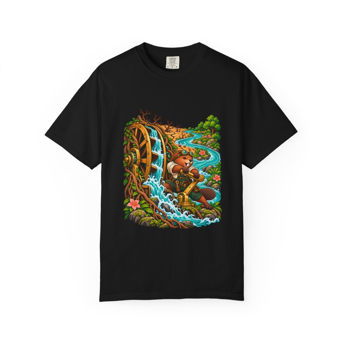 Riverwright Beaver Tee large front print on a Black Comfort Colors 1717 tee