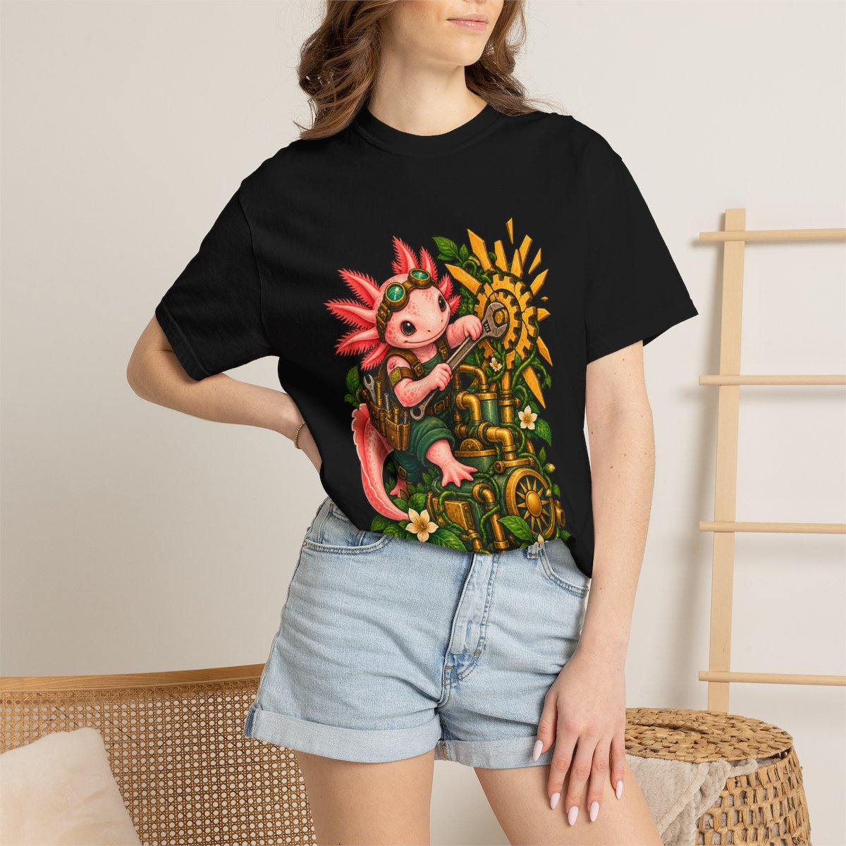 Sunspanner Axolotl Tee worn Printify context view on a Black Comfort Colors 1717 tee