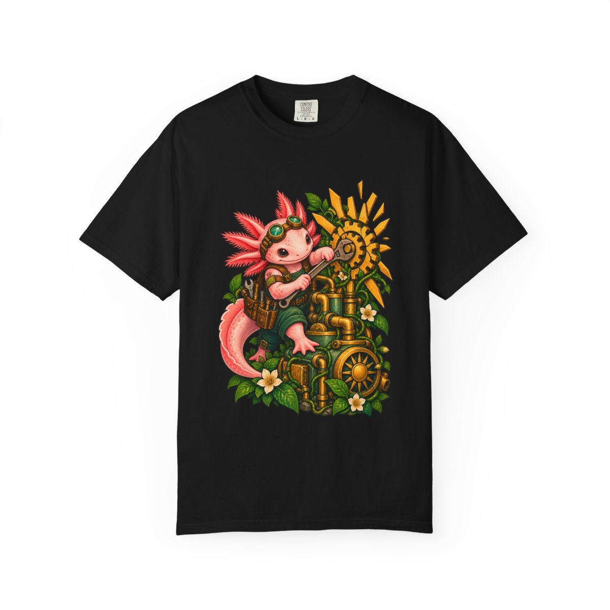 Sunspanner Axolotl Tee large front print on a Black Comfort Colors 1717 tee