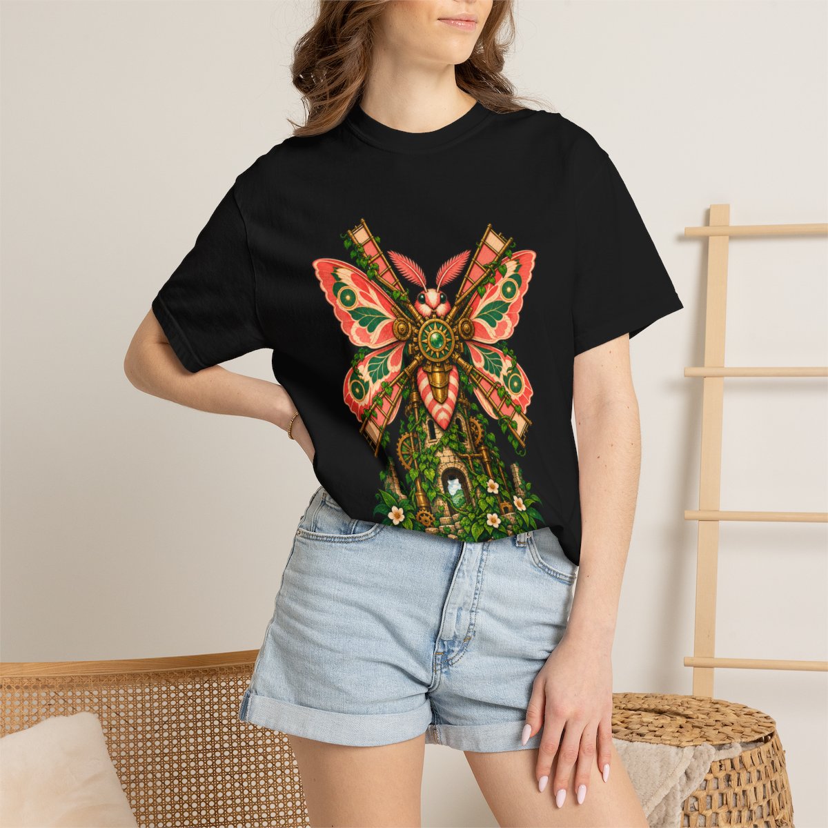 Windmill Moth Tee worn Printify context view on a Black Comfort Colors 1717 tee