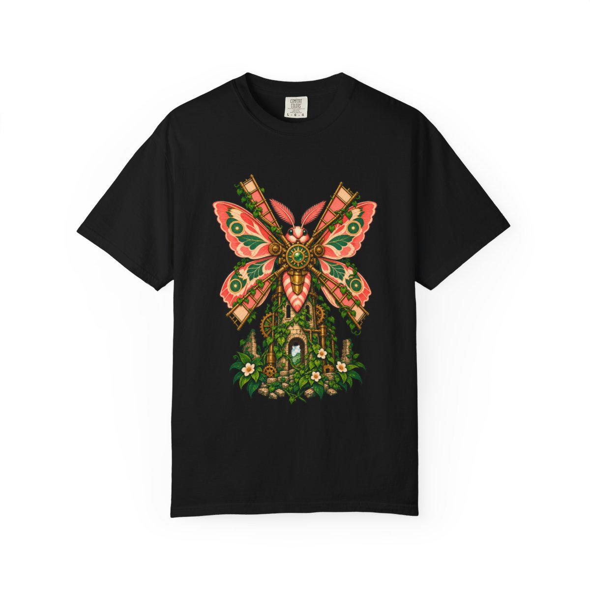 Windmill Moth Tee large front print on a Black Comfort Colors 1717 tee