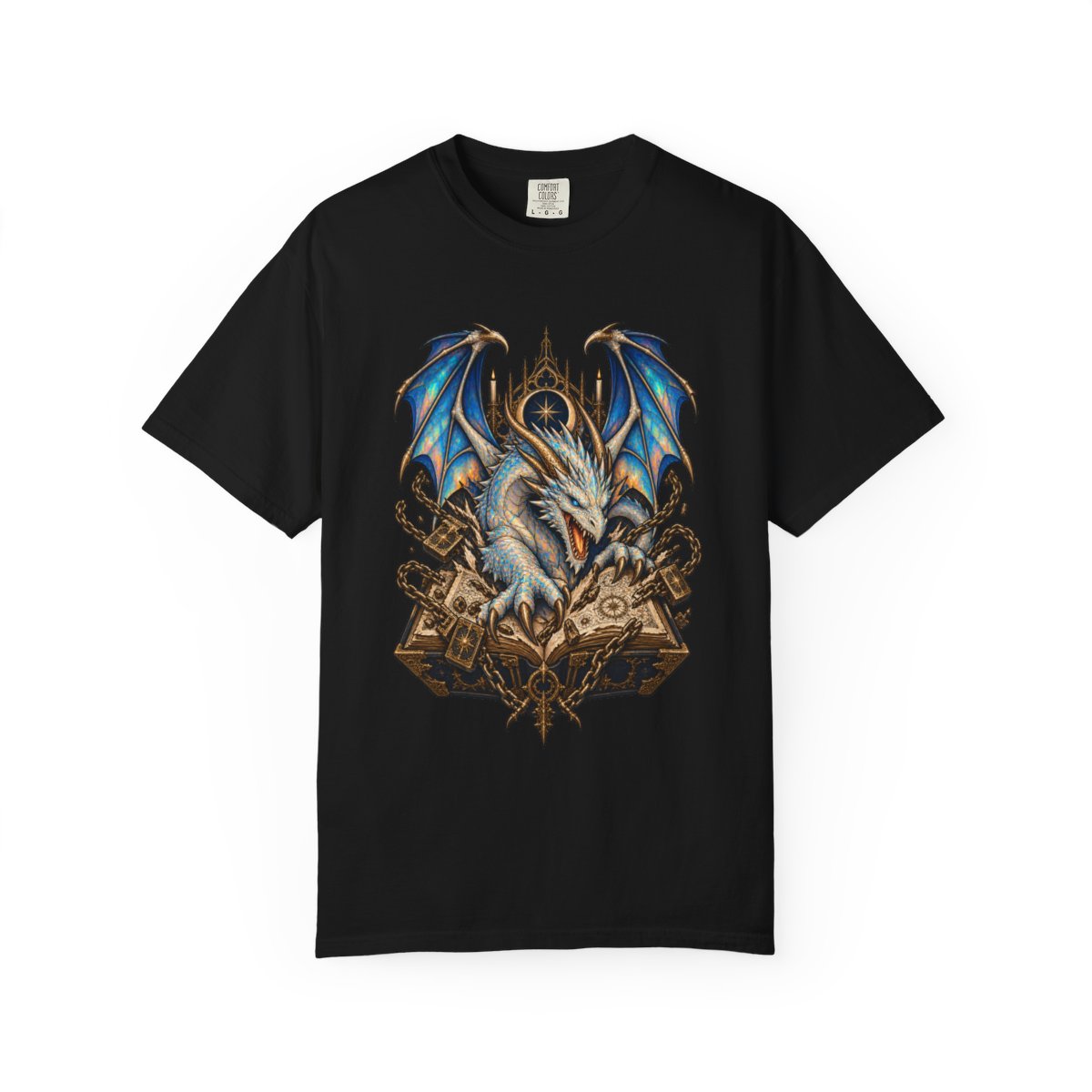 Grimoire Breakout Tee large front print on a Black Comfort Colors 1717 tee