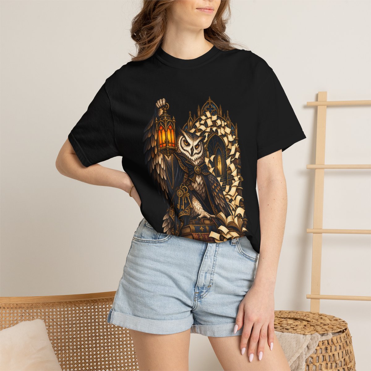 Lantern Librarian Tee worn Printify context view on a Black Comfort Colors 1717 tee
