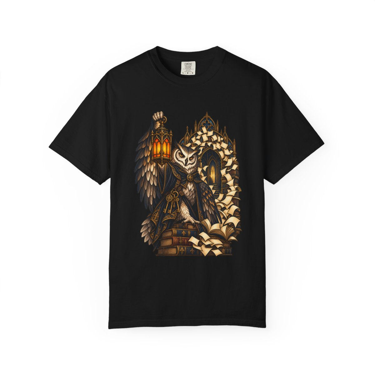 Lantern Librarian Tee large front print on a Black Comfort Colors 1717 tee