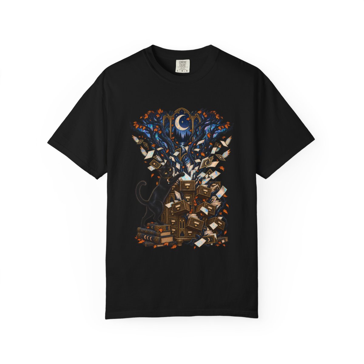 Witching Index Tee large front print on a Black Comfort Colors 1717 tee