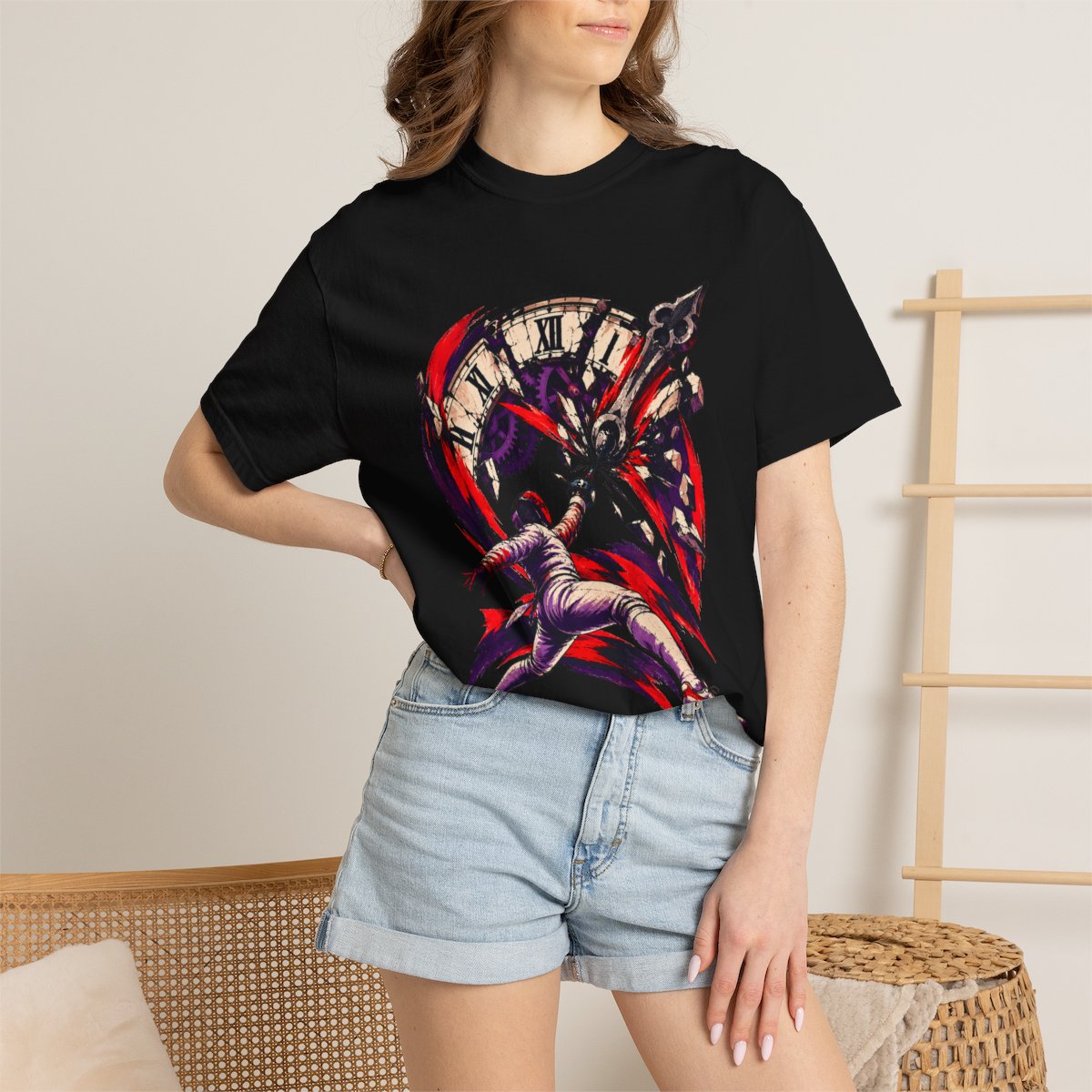 Clockwork Parry Tee worn Printify context view on a Black Comfort Colors 1717 tee