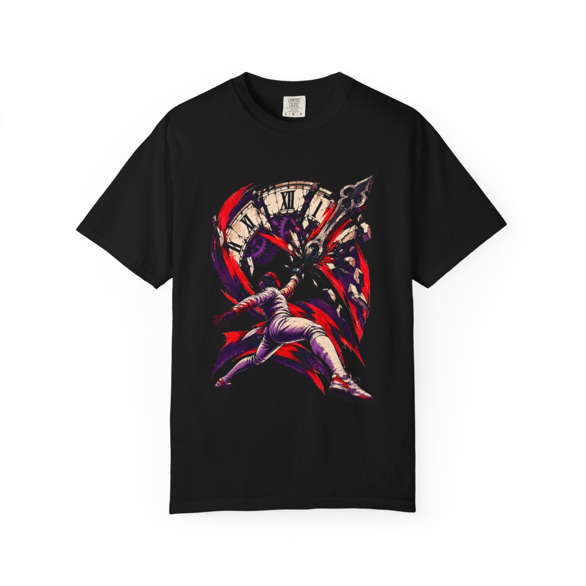 Clockwork Parry Tee large front print on a Black Comfort Colors 1717 tee