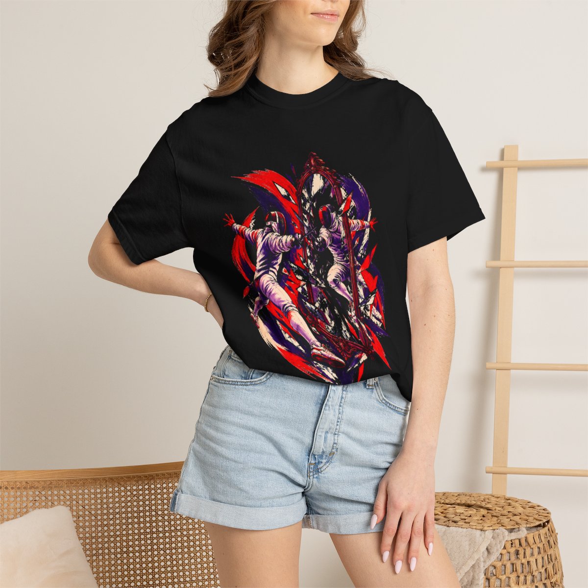 Mirror Duel Tee worn Printify context view on a Black Comfort Colors 1717 tee