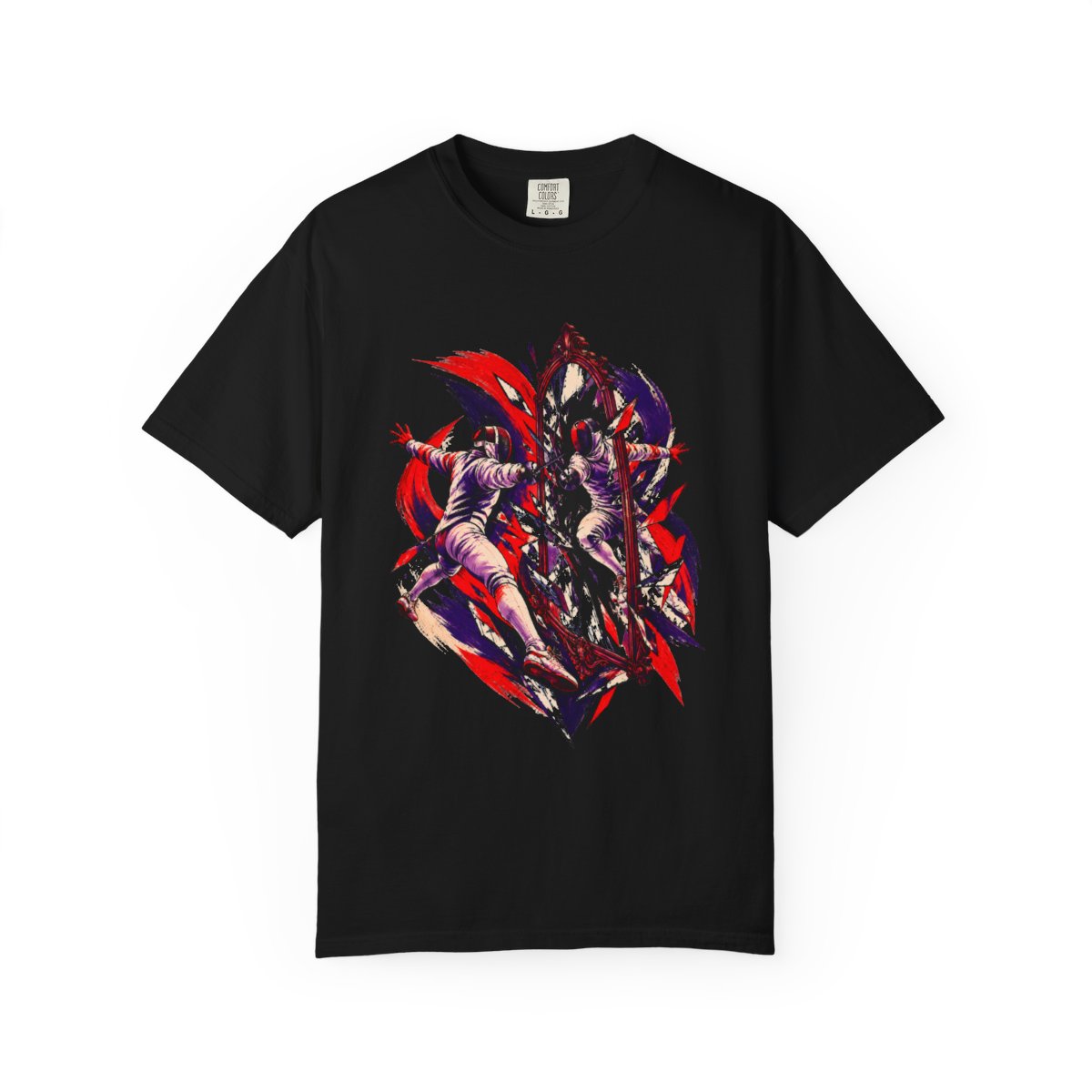Mirror Duel Tee large front print on a Black Comfort Colors 1717 tee