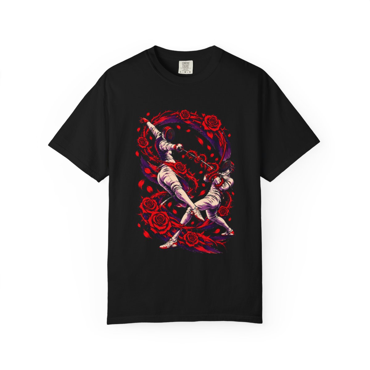 Roseblade Waltz Tee large front print on a Black Comfort Colors 1717 tee