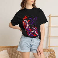 Scarlet Riposte Tee worn Printify context view on a Black Comfort Colors 1717 tee