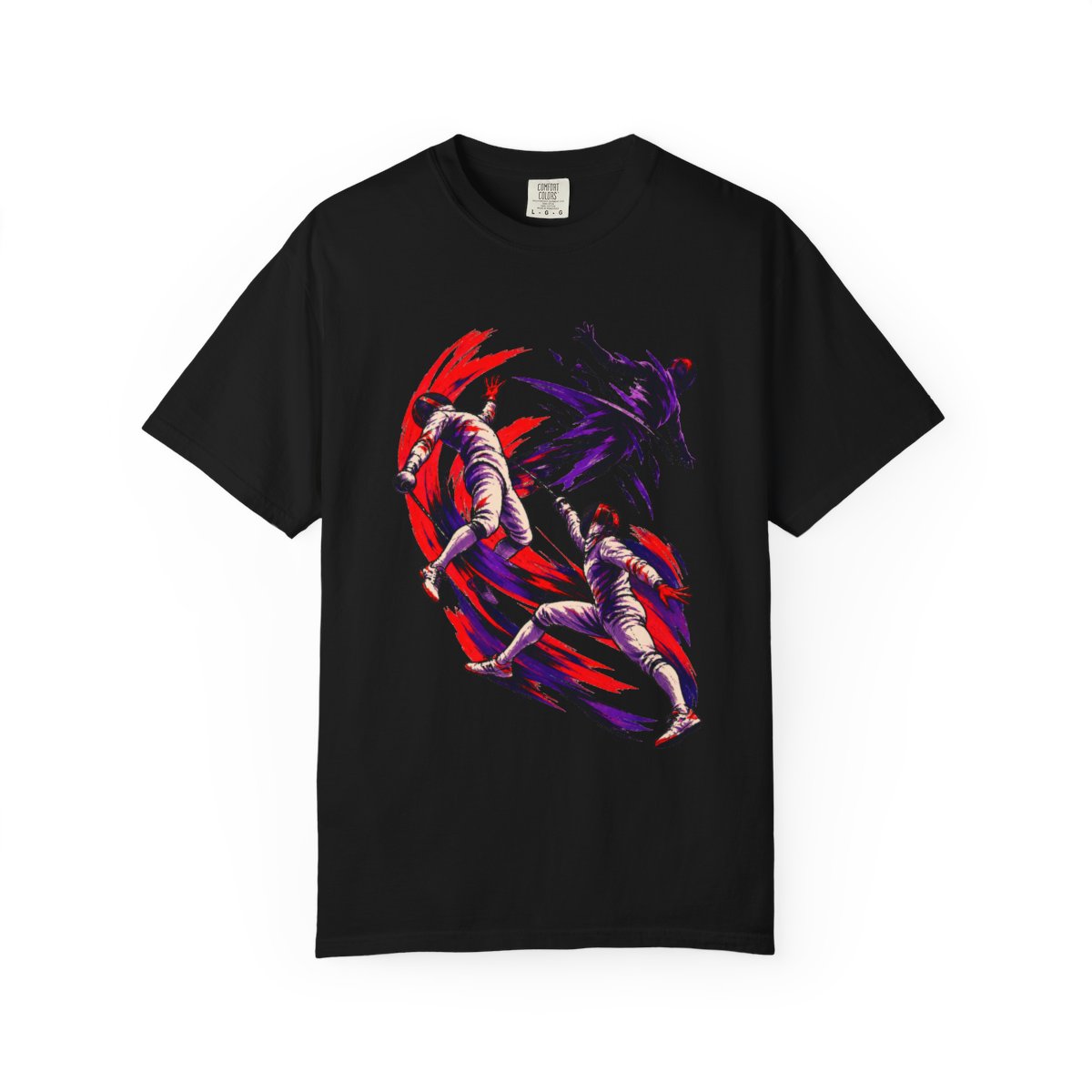 Scarlet Riposte Tee large front print on a Black Comfort Colors 1717 tee