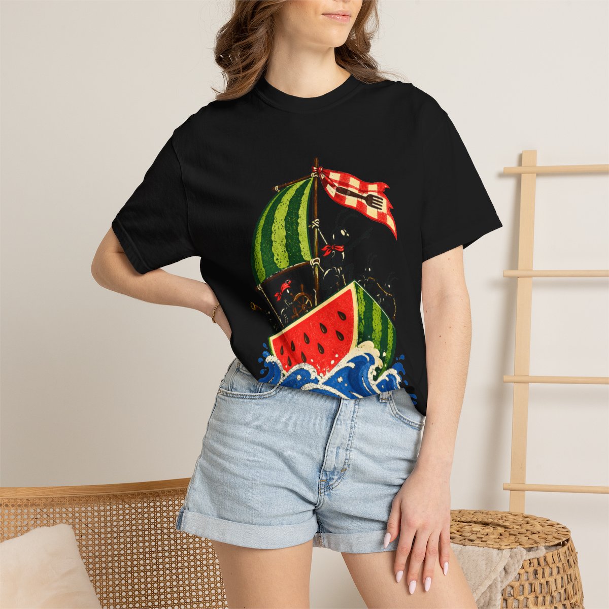 Ant Mutiny Tee worn Printify context view on a Black Comfort Colors 1717 tee