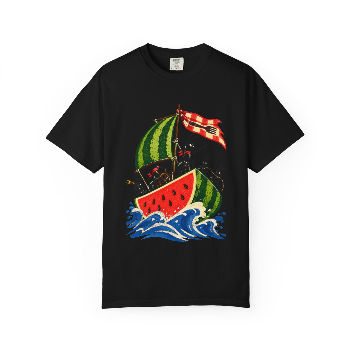 Ant Mutiny Tee large front print on a Black Comfort Colors 1717 tee