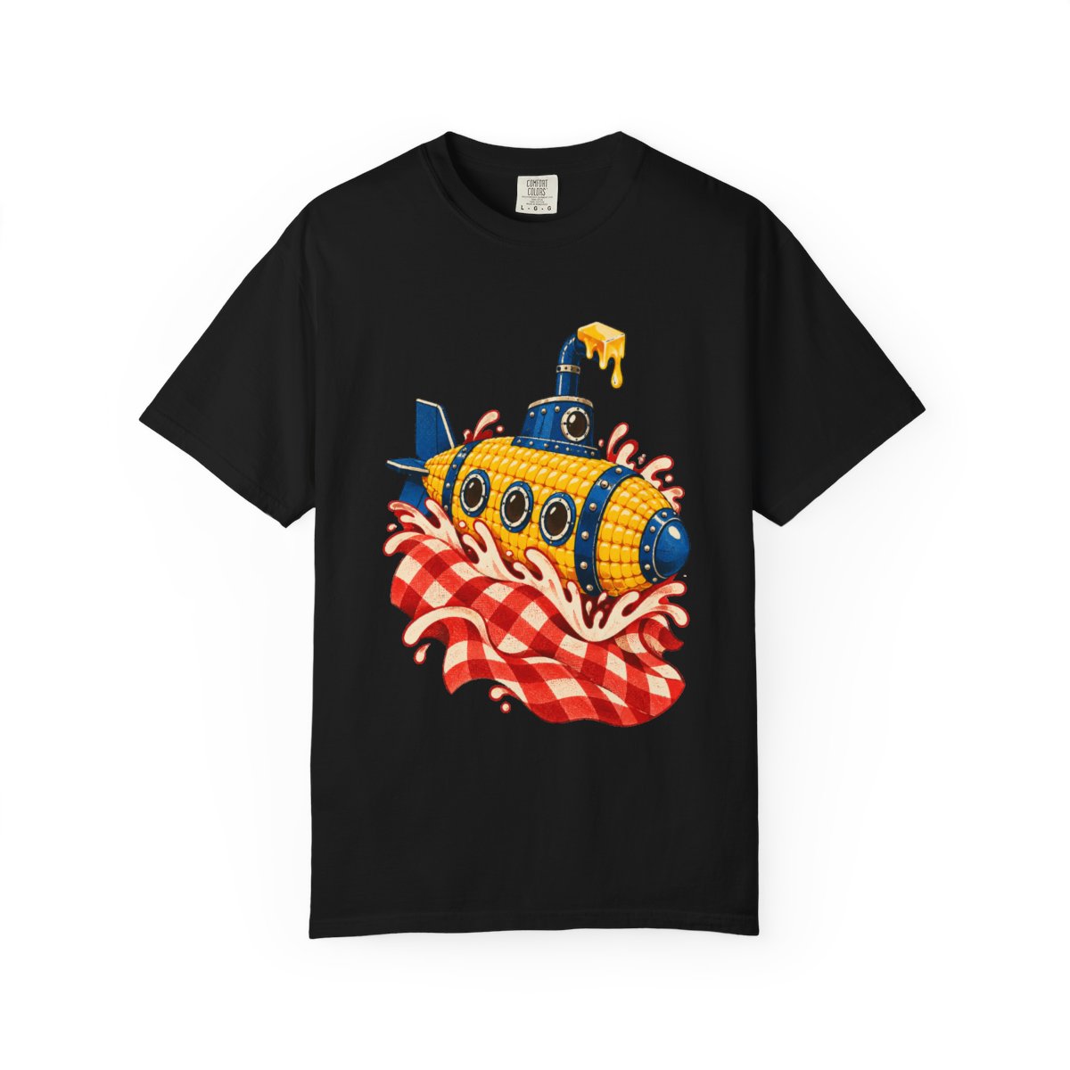 Corn Sub Tee large front print on a Black Comfort Colors 1717 tee