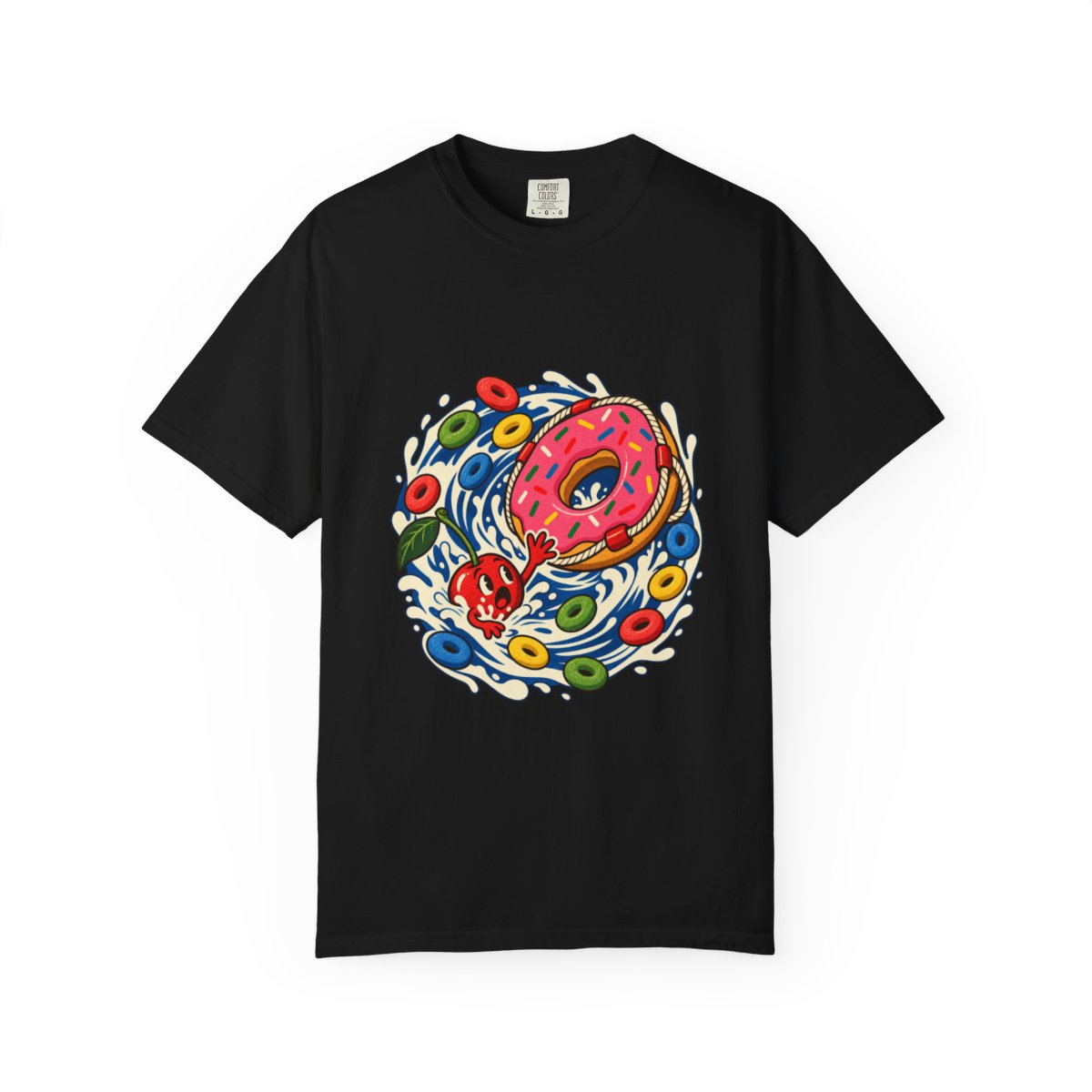 Donut Lifeboat Tee large front print on a Black Comfort Colors 1717 tee