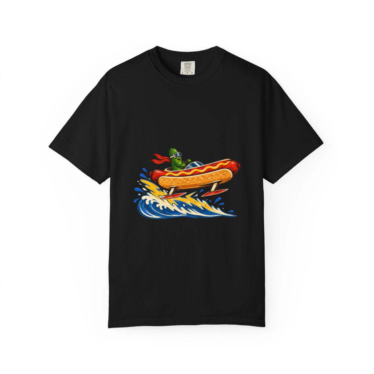Hotdog Hydrofoil Tee large front print on a Black Comfort Colors 1717 tee
