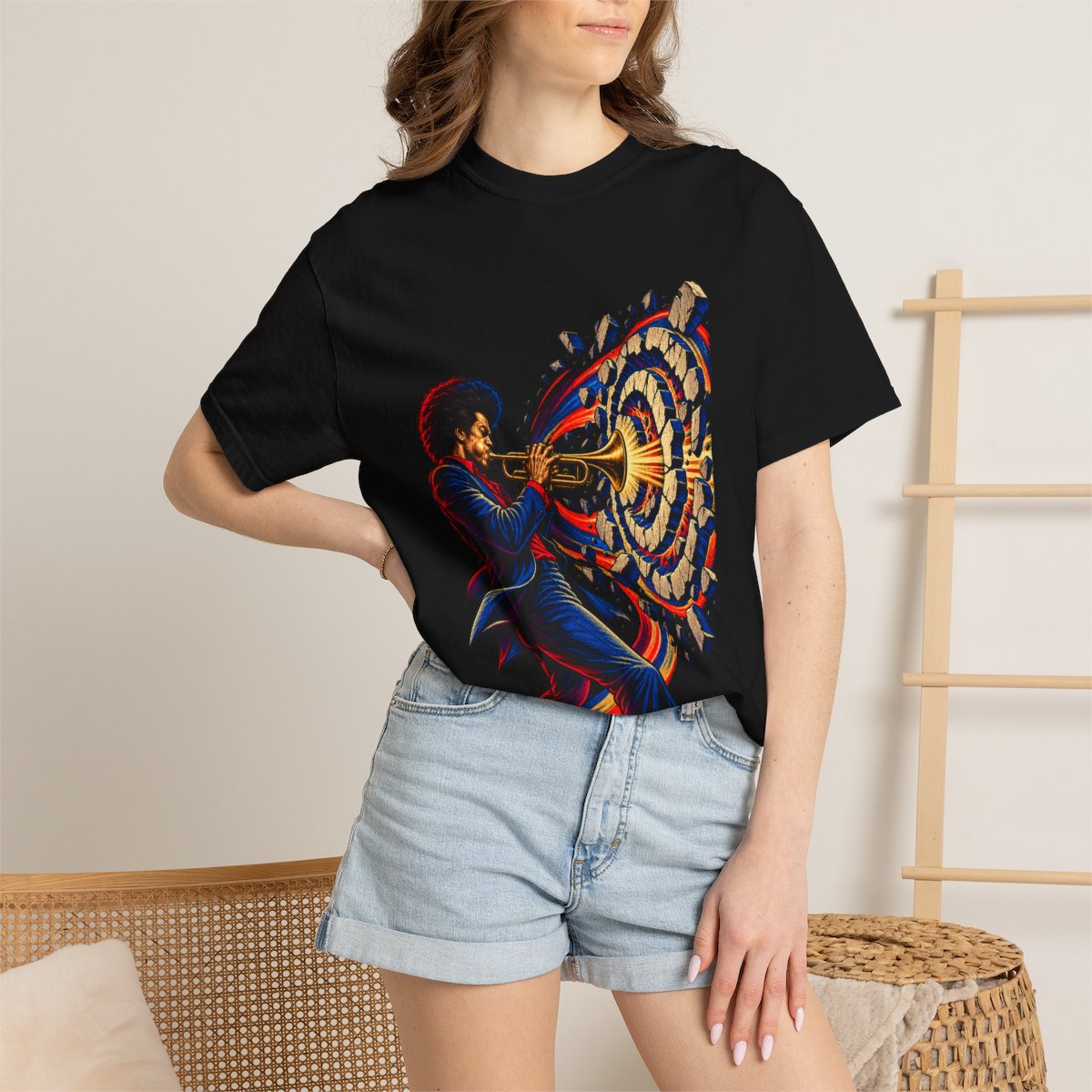 Brassquake Tee worn Printify context view on a Black Comfort Colors 1717 tee