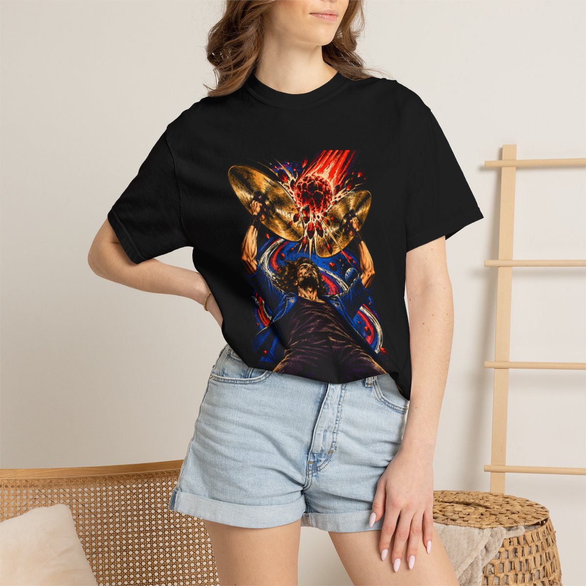 Cymbal Meteor Tee worn Printify context view on a Black Comfort Colors 1717 tee