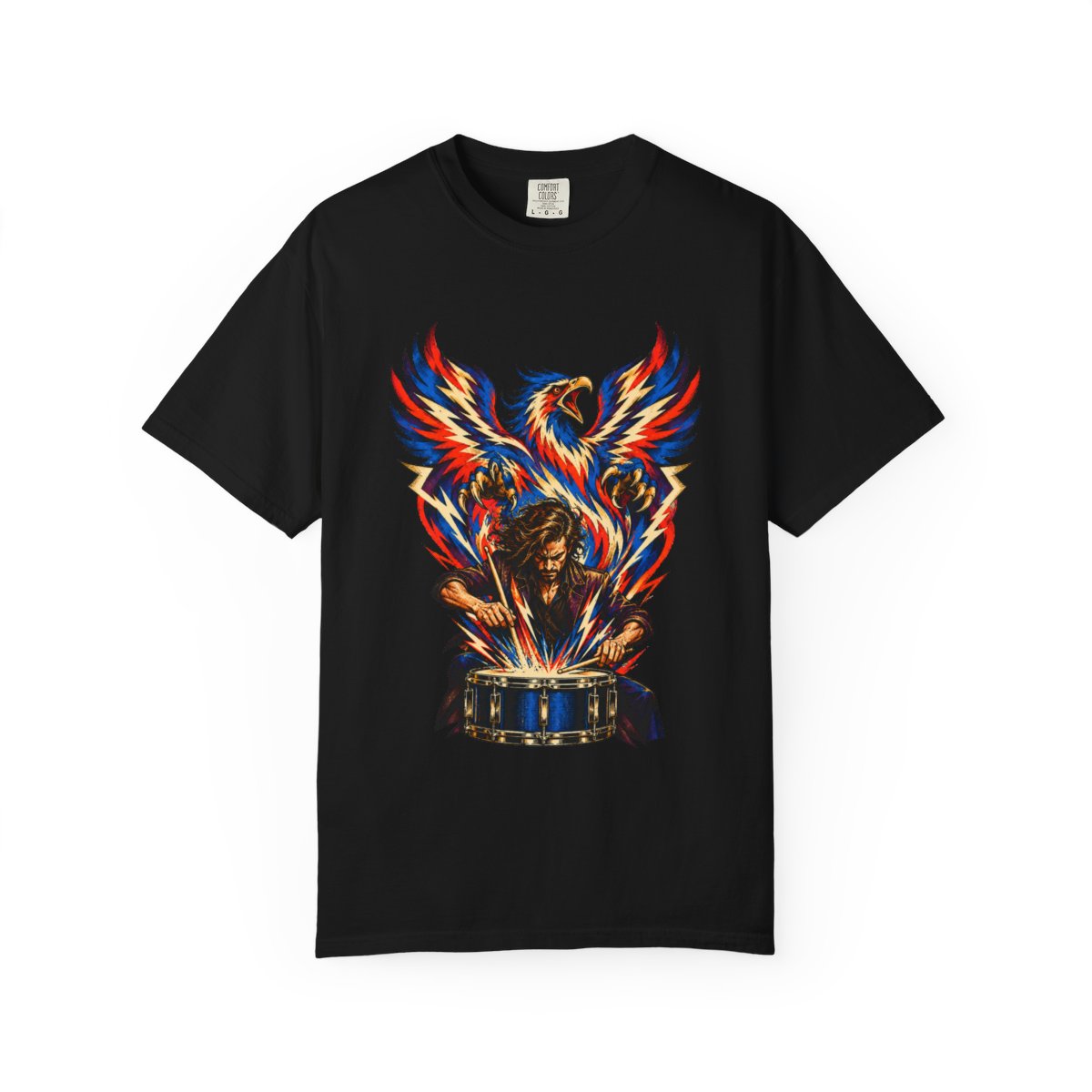 Thunder Snare Tee large front print on a Black Comfort Colors 1717 tee