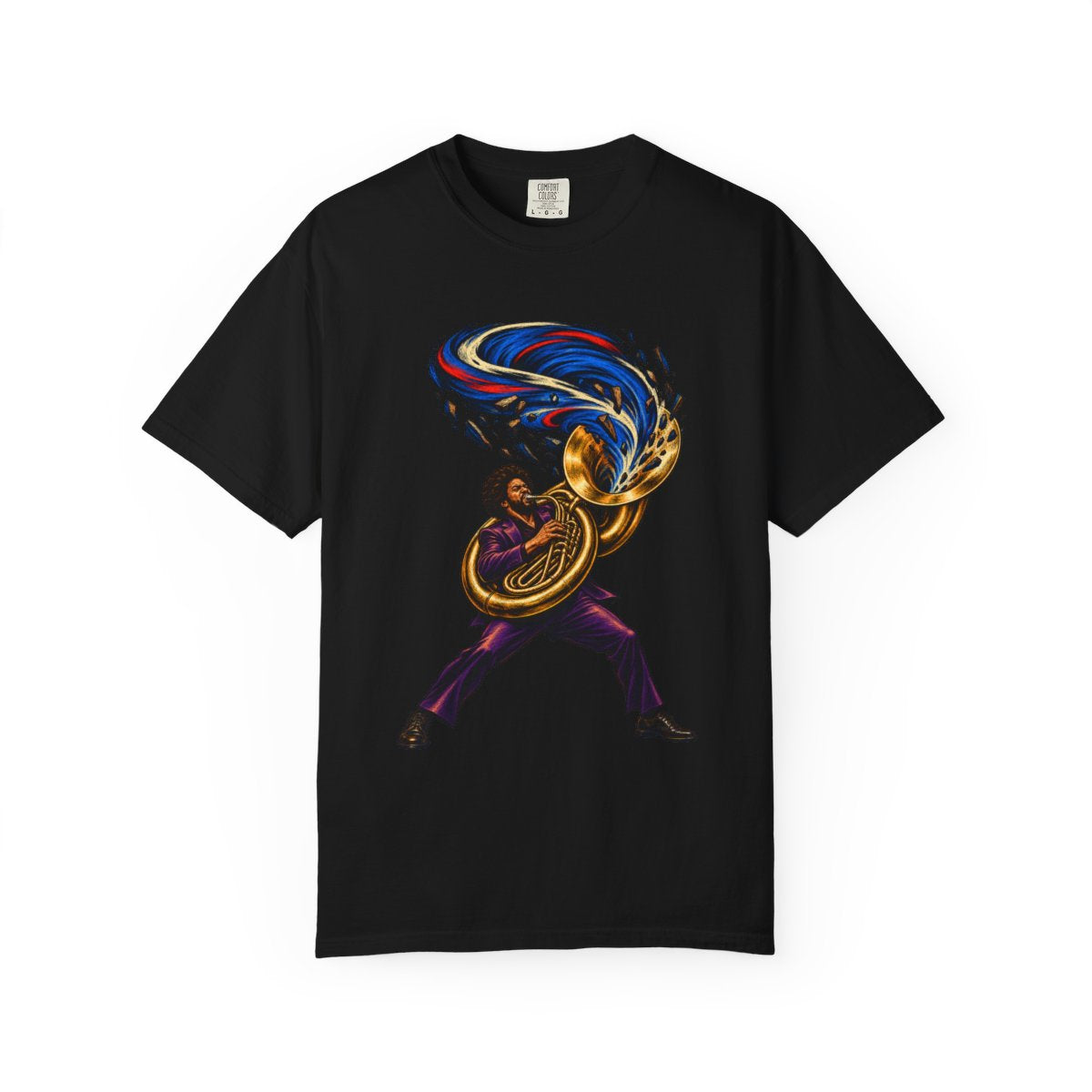 Tuba Cyclone Tee large front print on a Black Comfort Colors 1717 tee