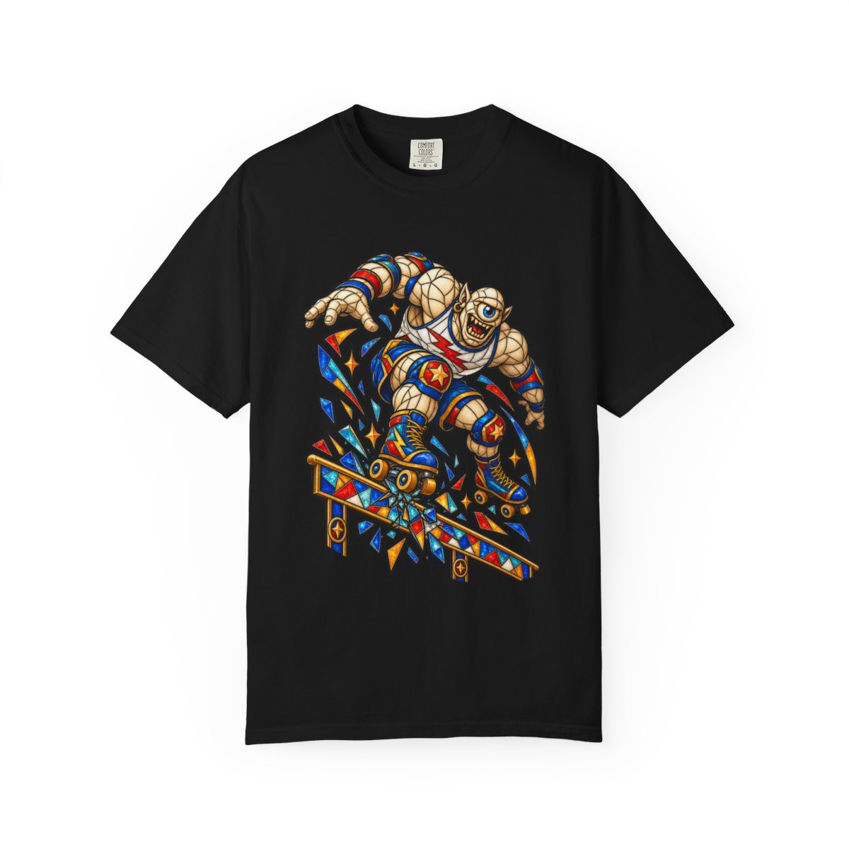 Railbreaker Cyclops Tee large front print on a Black Comfort Colors 1717 tee