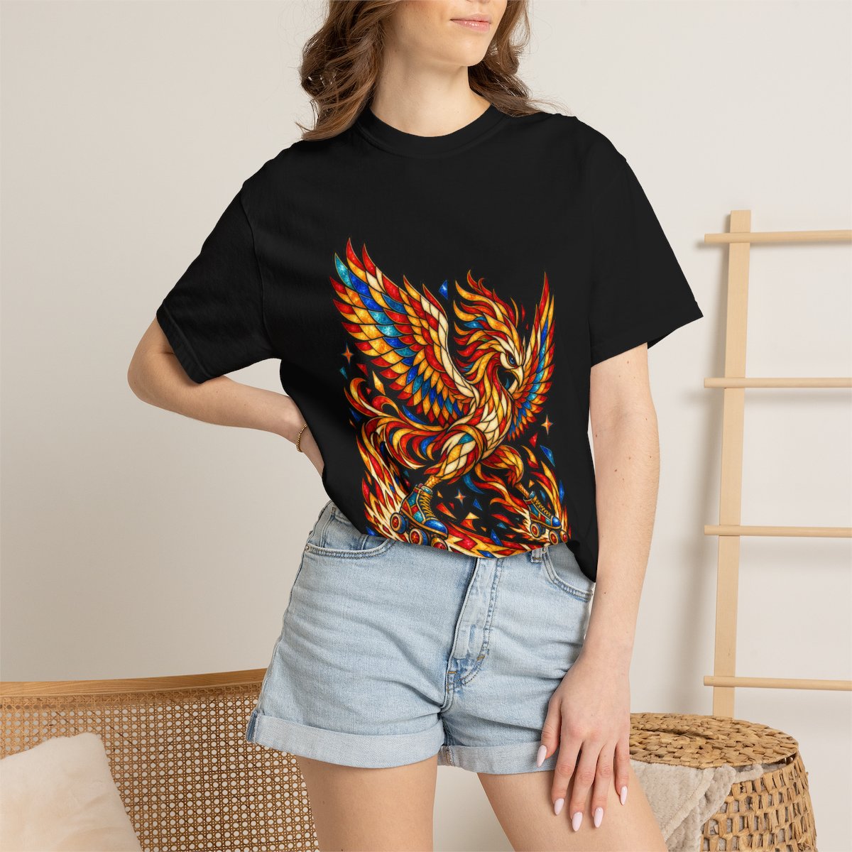 Phoenix Rising Tee worn Printify context view on a Black Comfort Colors 1717 tee